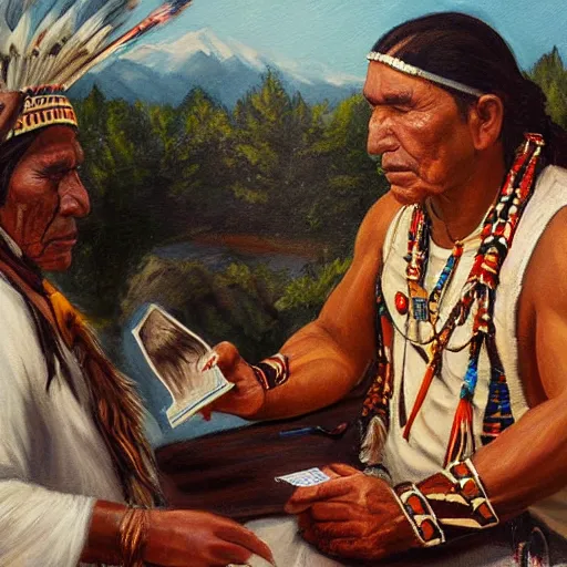 Prompt: a painting of a native american chief selling his bitcoin, in traditional dress, by atrgerm