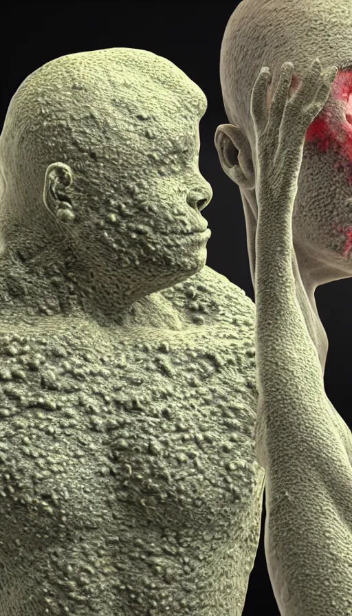 Image similar to a human fruit clothed with molds, fungus, 3 d render, photo realistic, highly detailed.