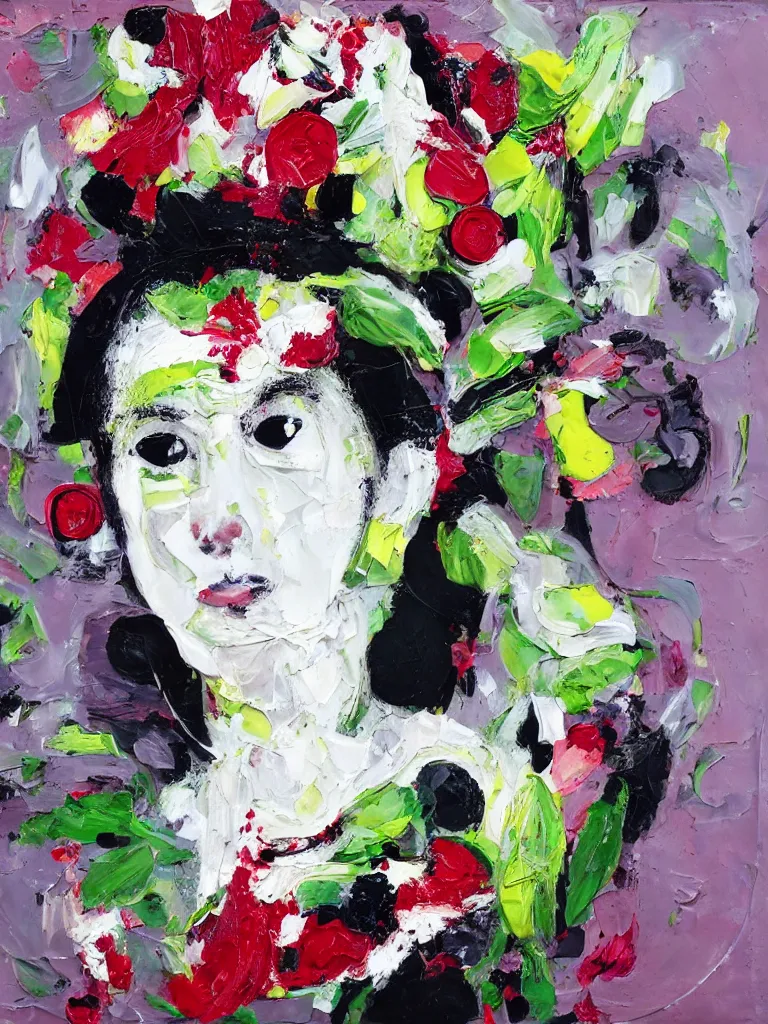 Prompt: “organic, portrait of a woman wearing white silk, neoexpressionist, eating luscious fresh raspberries and strawberries and blueberries, edible flowers, black background, acrylic and spray paint and wax and oilstick on canvas”