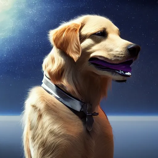 Image similar to a golden retriever in a space suit, masterpiece, highly detailed, high quality, 4 k, anatomically correct, hyperrealistic, concept art, octane render, unreal engine 5, trending on artstation, trending on deviantart, matte, historical painting, fantasy style, path traced, high coherence, soft lighting, digital painting, mythical