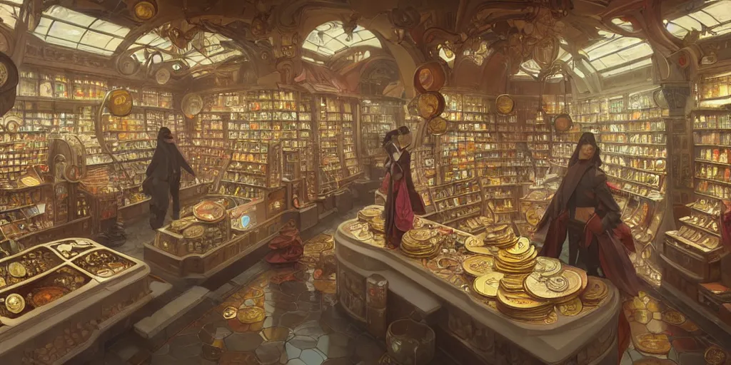 Image similar to modern coin shop with a lot of coins, 4 k, octane, digital painting, artstation, concept art, sharp focus, illustration, art by artgerm and greg rutkowski and alphonse mucha