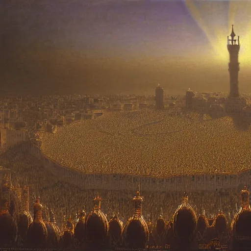 Image similar to painting of mecca on hajj day, highly detailed, volumetric lighting, god rays, by gustave dore and john collier