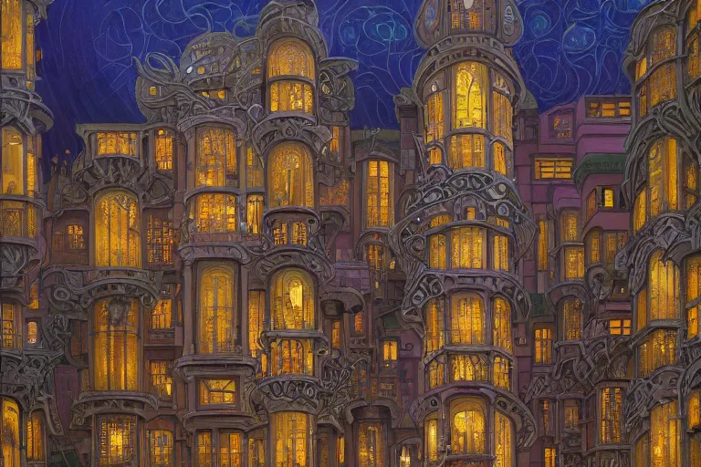 Image similar to beautiful painting of an art moderne city, glowing windows. reflective detailed textures, moth wings and flowering vines and wroght iron, highly detailed dark fantasy science fiction painting by donato giancola and peter mohrbacher and nicholas roerich and diego rivera, elaborate geometric ornament, ancient runes, silver and cool colors. artstation