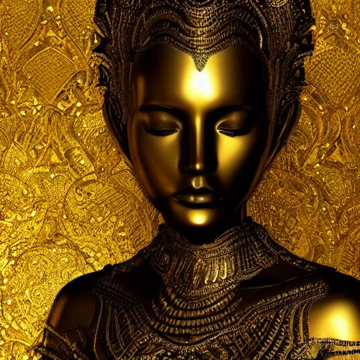 Image similar to epic deatailed golden statue of a beautiful female, surrounded by intricate gold lace metalwork on a black smokey background, close up face, modern art, trending on Artstation