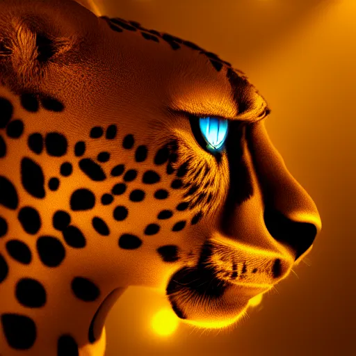 Image similar to closeup profile shot of a neon cheetah, city lights, strong bokeh, dramatic, cinematic, high contrast, octane render, cgsociety, artstation, 4k