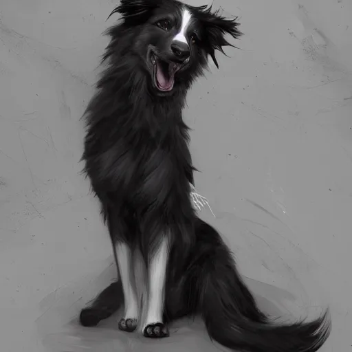 Image similar to wide angle beautiful full body portrait of a strong male anthropomorphic anthro border collie fursona wearing a black dress, character design by charlie bowater, henry asencio, and ross tran, furry art, furaffinity, beautiful, glamor pose, detailed, aesthetic, trending on artstation