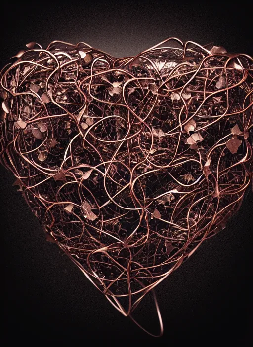 Prompt: rose gold heart, wrapped in vines, vray, deep black background, machine face, intricate, elegant, highly detailed, vintage photography, prism highlights, cgsociety, smooth, sharp focus, telephoto, depth of field