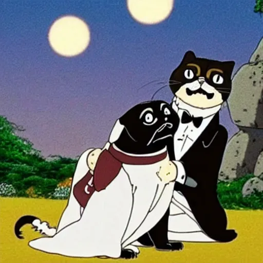 Image similar to a black cat wearing a white wedding dress and a pug dog in a tux, Miyazaki, studio ghibli