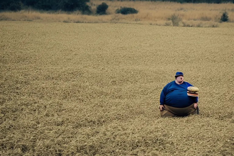 Prompt: a very obese person in a field of hamburgers, photography, telephoto