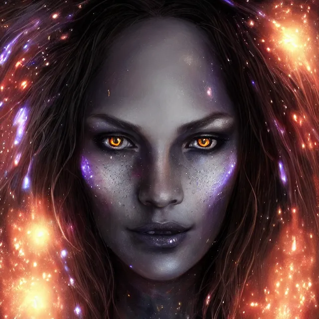 Prompt: detailed portrait of beautiful witch made of plasma, dark fantasy, black background!!! glowing magical skin, symmetry, highly detailed, 4 k digital painting, detailed skin, iridescence reflecting, crystal particles, magical, raytracing, plasma, artistic, concept art by artgerm, greg rutkowski, alphonse mucha, unreal engine render,