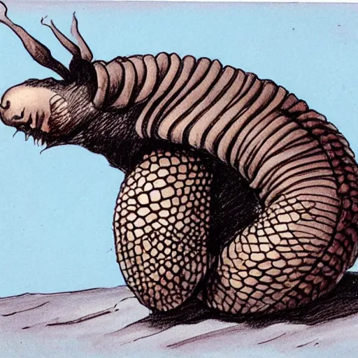 Image similar to fantasy drawing of a giant armadillio - like creature in the desert