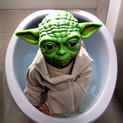 Image similar to sad yoda in bathtub