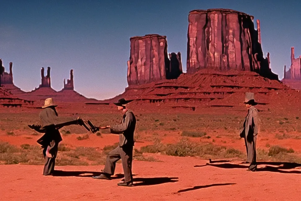 Prompt: filmstil by Sergio Leone showing duel in front of the Monument valley, western, photorealistic, cinematic atmosphere