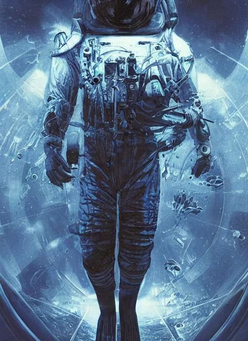 Image similar to astronaut in dark void underwater - complex and hyperdetailed technical suit design. reflection and dispersion materials. rays and dispersion of light. volumetric light. f / 3 2. noise film photo. flash photography. ultra realistic, 5 0 mm. poster by wayne barlowe, hajime sorayama aaron horkey, craig mullins