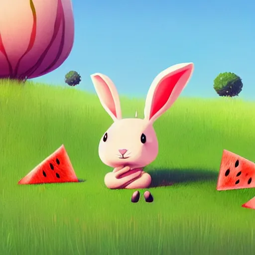 Image similar to a cute rabbit eating watermelon on the green meadow, a storybook illustration by goro fujita and atey ghailan