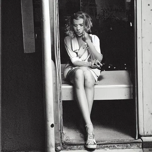 Prompt: Scarlett Johansson, lonely, with a electric guitar on his back, waiting at the bus stop on moody weather, rinat voligamsi