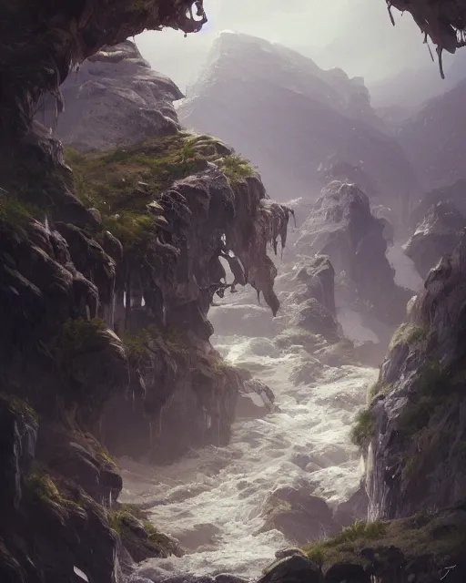 Image similar to cascade de surpris, blue sea, environment art, fantasy art, landscape art, in the style of greg rutkowski, illustration, epic, fantasy, intricate, hyper detailed, artstation, concept art, smooth, sharp focus, ray tracing