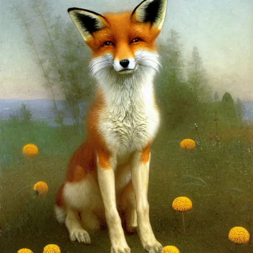 Image similar to A portrait of a fox wearing a hat full of dandelions, by Robert Cleminson and William-Adolphe Bouguereau