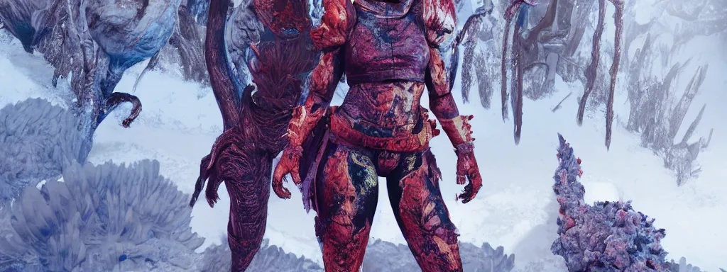 Image similar to athletic muscular explorer woman walking in animal fur armour, crop top midriff, walking in a dense alien snow covered frosty jungle, with snow covered colourful red, blue and purple plants, large vines, snow covered arched organic rock structures, in the style of monster hunter world, like concept art on artstation, hyperdetailed, vray render, octane render,