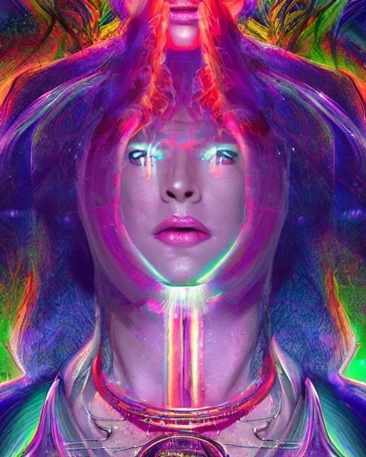 Image similar to a powerful energy psychedelic matrix priestess, by alexander fedosav, hyper detailed digital matte painting, concept art, hyperrealism, 1 6 k resolution, cinema 4 d, 8 k resolution, trending on artstation, behance hd, a masterpiece, by stephan martiniere, particles, cel - shaded, power bright neon energy, by david a. hardy,