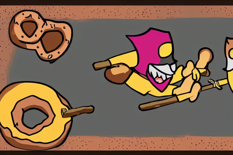 Prompt: a cartoon donut fighting a cartoon pretzel with swords. fight scene, dramatic