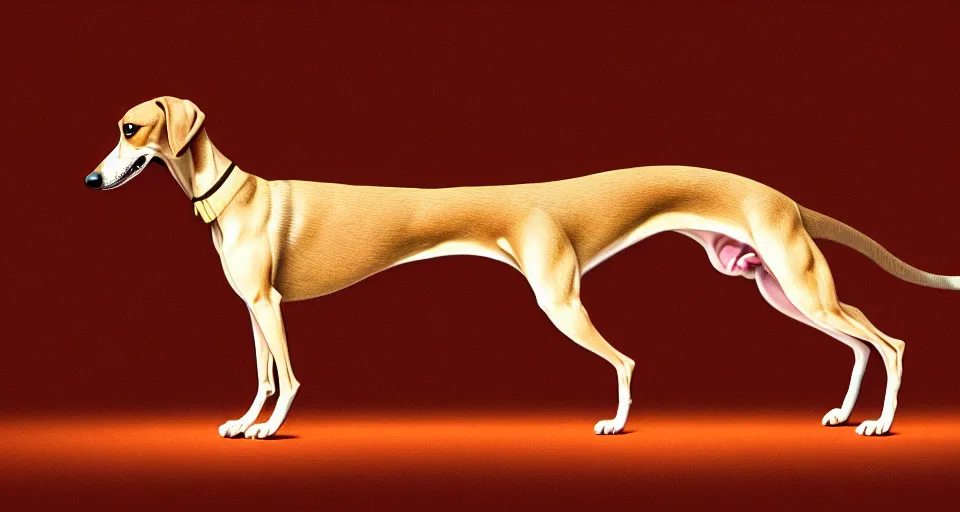 Image similar to a digital painting of a greyhound - sausage dog hybrid, isolated, hyperealism, award winning, stunning, trending on art - sation, highly detailed, cinematic lighting, 8 k, hd