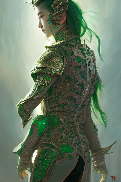 Prompt: portrait young knights of Dynasty Warriors girl, metallic green armor, in ruined hǔ láo guān, ssci-fi and fantasy, intricate and very beautiful and elegant, highly detailed, digital painting, artstation, concept art, smooth and sharp focus, illustration, art by tian zi and WLOP and alphonse mucha