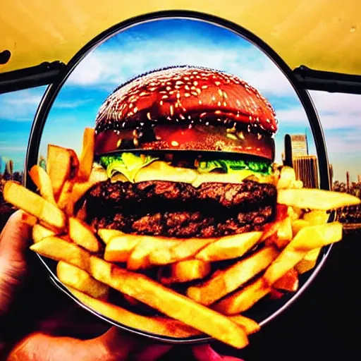 Image similar to giant delicious burger and fries splashes into New York city river, mind-bending digital art, macro photography 25mm, hollywood movie cinematic helicopter view