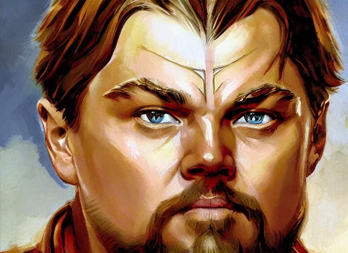 Image similar to a highly detailed beautiful portrait of leonardo dicaprio as kratos, by gregory manchess, james gurney, james jean