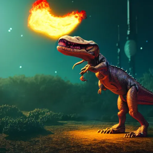 Image similar to an alien t-rex bursting out flames from its mouth in an unknown planet, octane render, bokeh, coherent, 3D