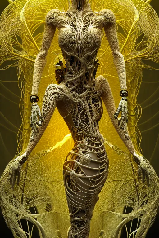 Image similar to intricate hyper detailed ultra sharp 3 d render, unity of mood, biomechanical cyborg ladies dancing, atmospheric, foliage, fractal, flowing, white large pore fungi, cyberpunk art nouveau, haute couture alexander mcqueen leaves stems dahlia blooming transparent fractal filigree roots, intricate details, octane render, volumetric cinematic lighting, natural beautiful light, yellow infrared, lumiol, 8 k,