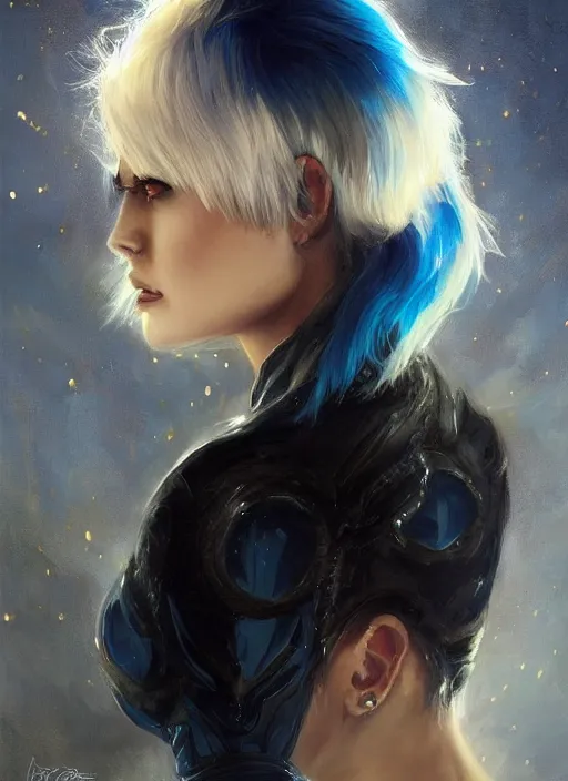 Image similar to girl with black and blue hair, pixie haircut, beautiful highly detailed face, complementary lighting, backlit, black eyeshadow, grinning, adventure, alluring gaze, dramatic lighting, landscape background, beautiful painting by artgerm and greg rutkowski and raymond swanland