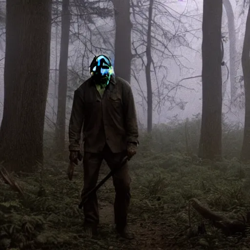 Prompt: A still image of Jason Voorhees in the woods foggy very detail 4K quality super realistic