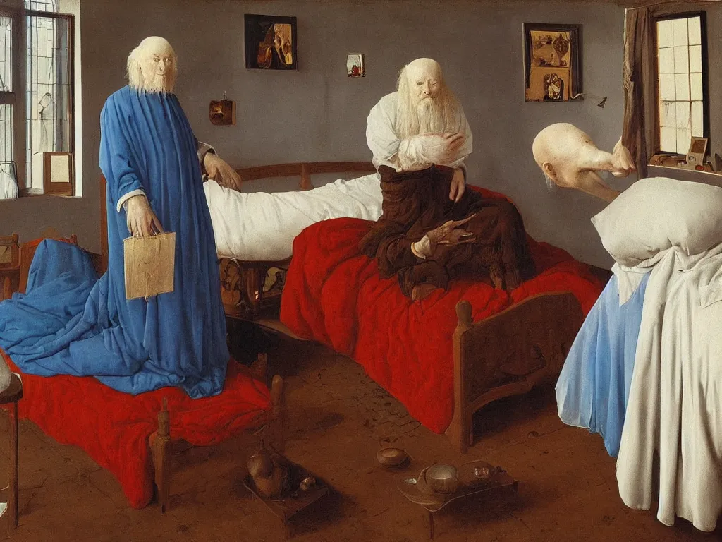 Image similar to Portrait of albino mystic with blue eyes, standing near the bed of a very old man with leprosy. Painting by Jan van Eyck, Audubon, Rene Magritte, Agnes Pelton, Max Ernst, Walton Ford