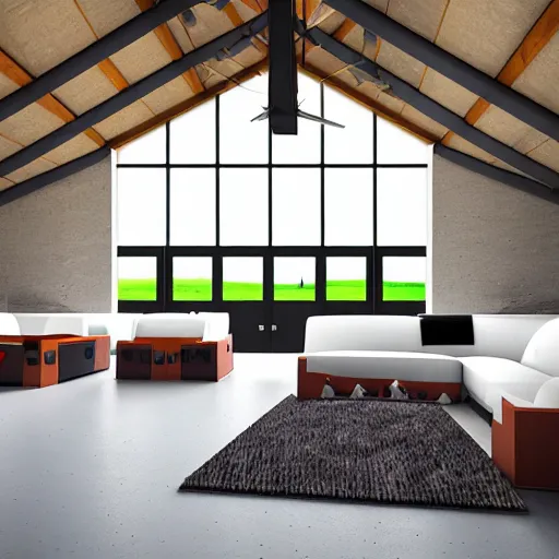 Image similar to interior view of modern futuristic farm barn architecture and interior design showing cows! laying down on sofas and pigs! and chickens! sitting in lounge chairs, wall art, throw pillows, areas rugs, feed troughs, hay, detailed luminescent oil painting 4 k