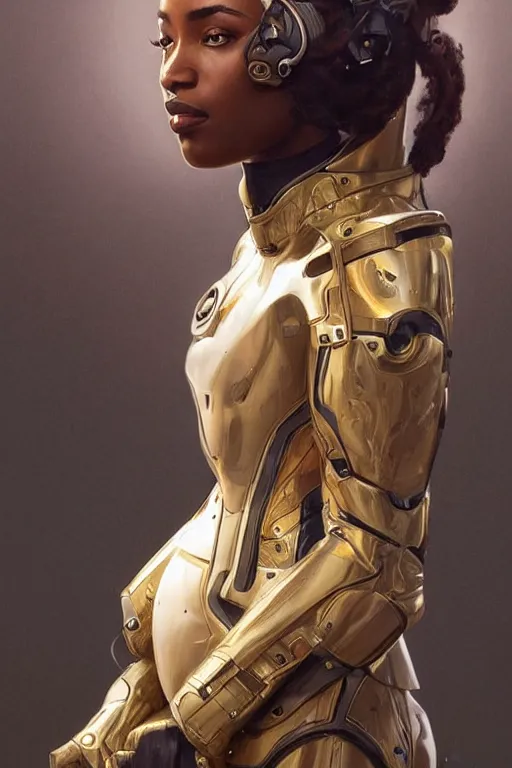 Image similar to full body Portrait of very beautiful african woman, spacesuit, holding her helmet, real life skin, intricate, elegant, highly detailed, artstation, concept art, smooth, sharp focus, art by artgerm and greg rutkowski and alphonse mucha