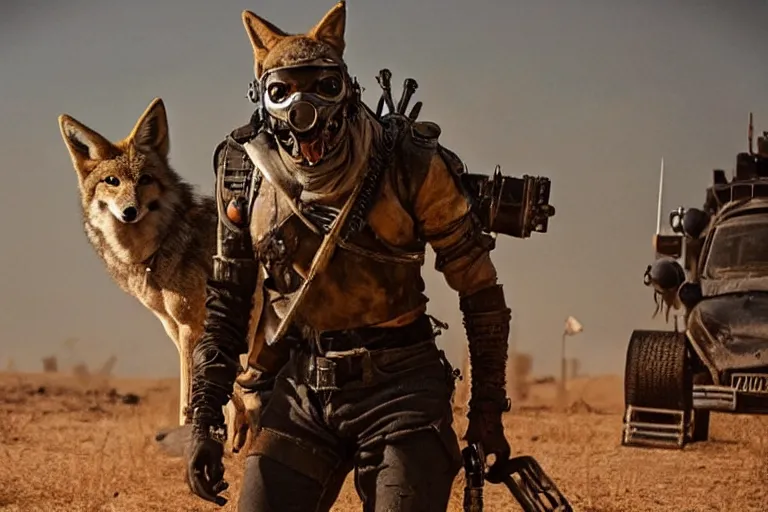 Prompt: a good ol'coyote fursona ( from the furry fandom ), heavily armed and armored facing down armageddon in a dark and gritty version from the makers of mad max : fury road. witness me.