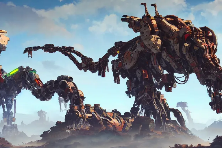 Image similar to tallneck machine mecha animal beast robot of horizon forbidden west horizon zero dawn bioluminiscence global illumination ray tracing hdr fanart arstation by sung choi and eric pfeiffer and gabriel garza and casper konefal