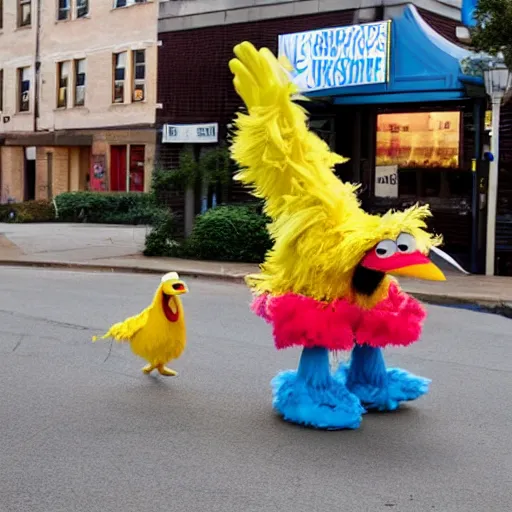 Image similar to big bird sesame street running from the police carrying a fridge