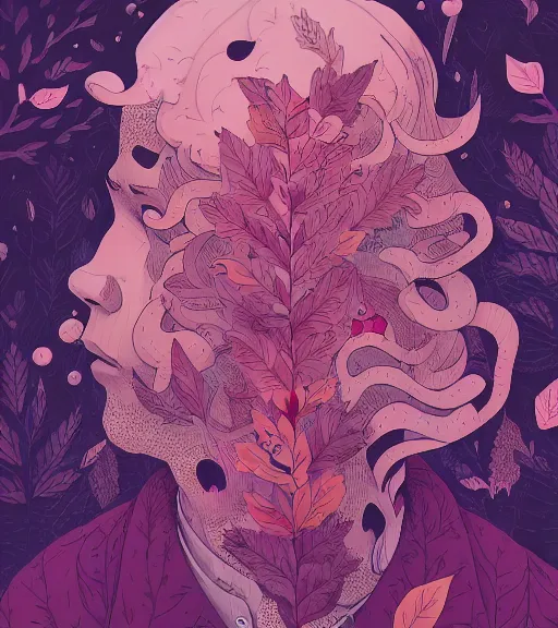 Image similar to portrait, nightmare anomalies, leaves with howl by miyazaki, violet and pink and white palette, illustration, kenneth blom, mental alchemy, james jean, pablo amaringo, naudline pierre, contemporary art, hyper detailed