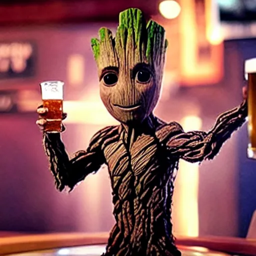 Prompt: groot at a bar, drinking beer