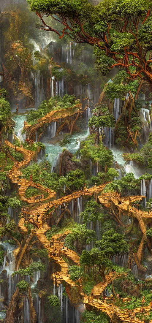 Image similar to wooden elven City with golden roofs, arches and bridges on top of a WATERFALL in the fall, gnarly trees, lush vegetation, forrest, a small stream runs beneath the waterfall, landscape, raphael lacoste, eddie mendoza, alex ross, john howe, concept art, matte painting, highly detailed, rule of thirds, dynamic lighting, cinematic, detailed, denoised, centerd