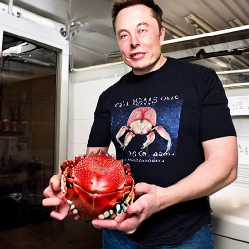 Prompt: Elon musk holding a crab