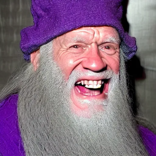 Prompt: john cena as an old druid wizard, bald, bushy grey eyebrows, long grey hair, disheveled, wise old man, wearing a grey wizard hat, wearing a purple detailed coat, a bushy grey beard, sorcerer, he is a mad old man, laughing and yelling