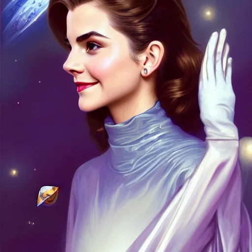 Image similar to A combination of Victoria Justice's and Grace Kelly's and Emma Watson's appearances as an astronaut, full body portrait, western, D&D, fantasy, intricate, elegant, highly detailed, digital painting, artstation, concept art, matte, sharp focus, illustration, art by Artgerm and Greg Rutkowski and Alphonse Mucha