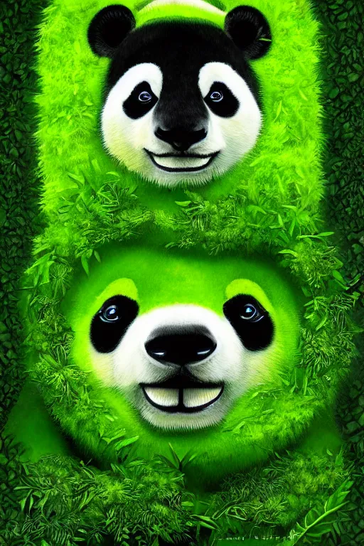 Image similar to a green moss panda, symmetrical, highly detailed, digital art, sharp focus, amber eyes, ferns, trending on art station