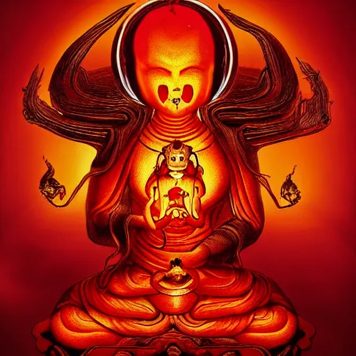 Prompt: inside an an alien spaceship there is a buddhist female demon glowing in red, amber, golden and blood falling from its mouth, ultrarrealistic