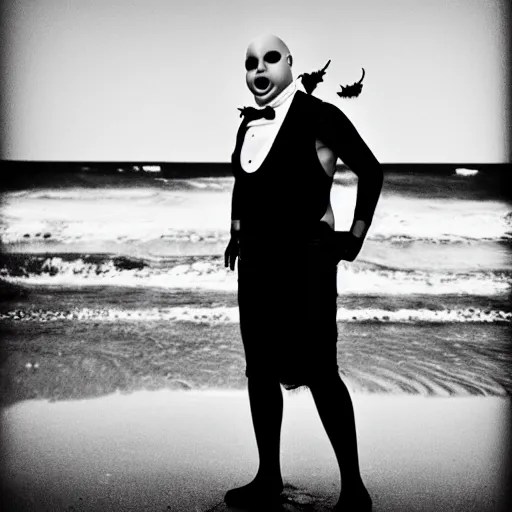 Image similar to b & w photo of fester addams at the beach