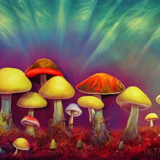Prompt: a landscape painting with colorful growing mushroom underground, fairy-mushroom ot toabstool different forms and bodies, national geographic photos, trending on artstation