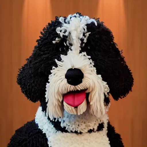 Image similar to a closeup photorealistic photograph of a cute smiling knitted bernedoodle judge dog dressed in a black gown, presiding over the courthouse. indoors, professional capture, well lit shot. this 4 k hd image is trending on artstation, featured on behance, well - rendered, extra crisp, features intricate detail, epic composition and the style of unreal engine.